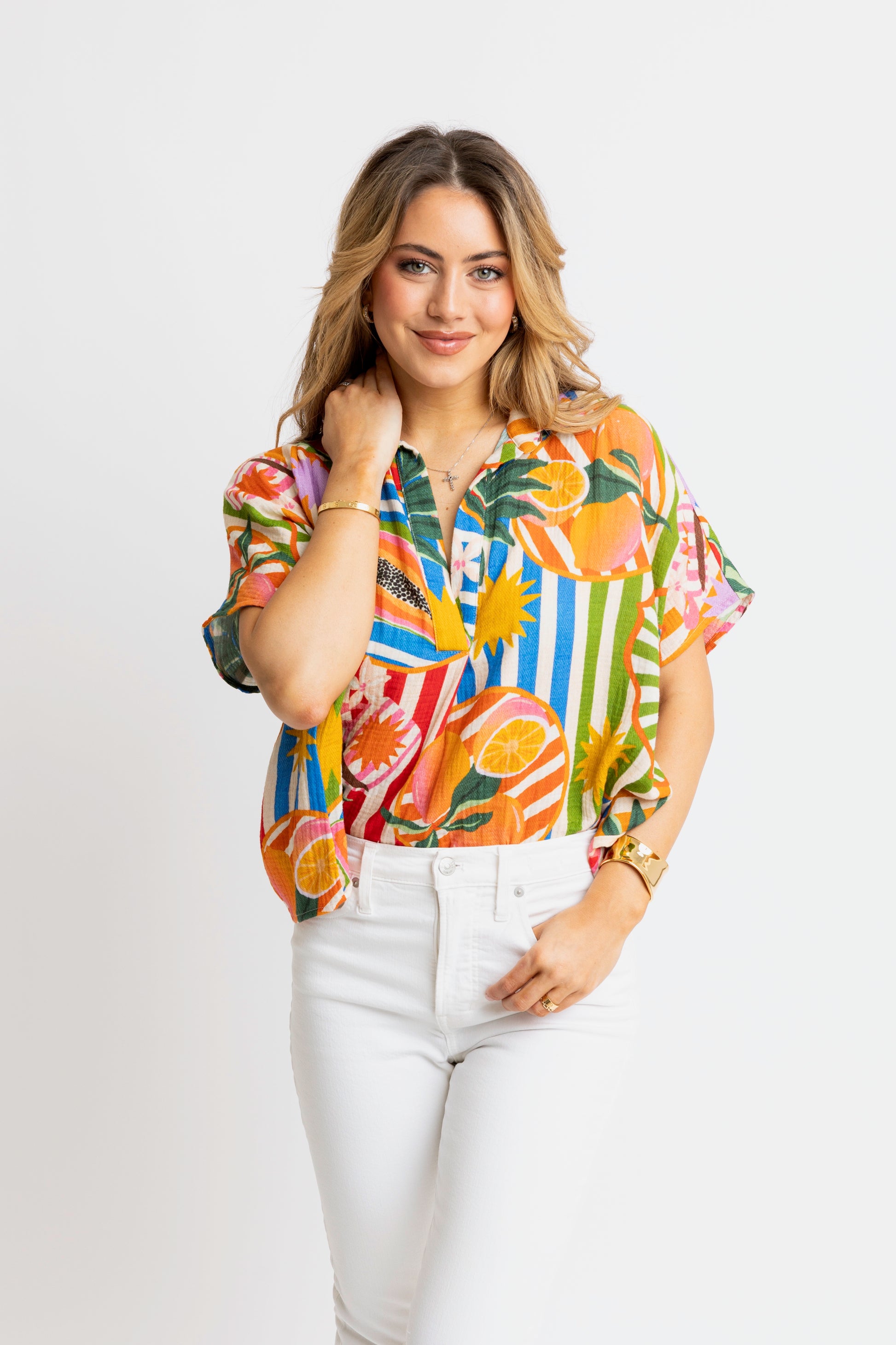 karlie tropical island fruit vneck collar top
