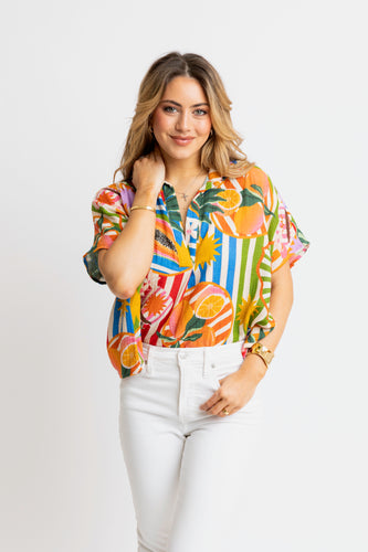 karlie tropical island fruit vneck collar top