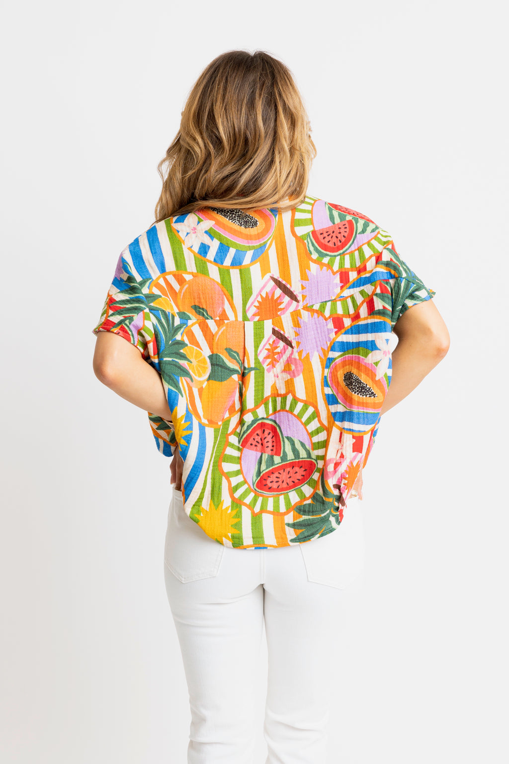 karlie tropical island fruit vneck collar top