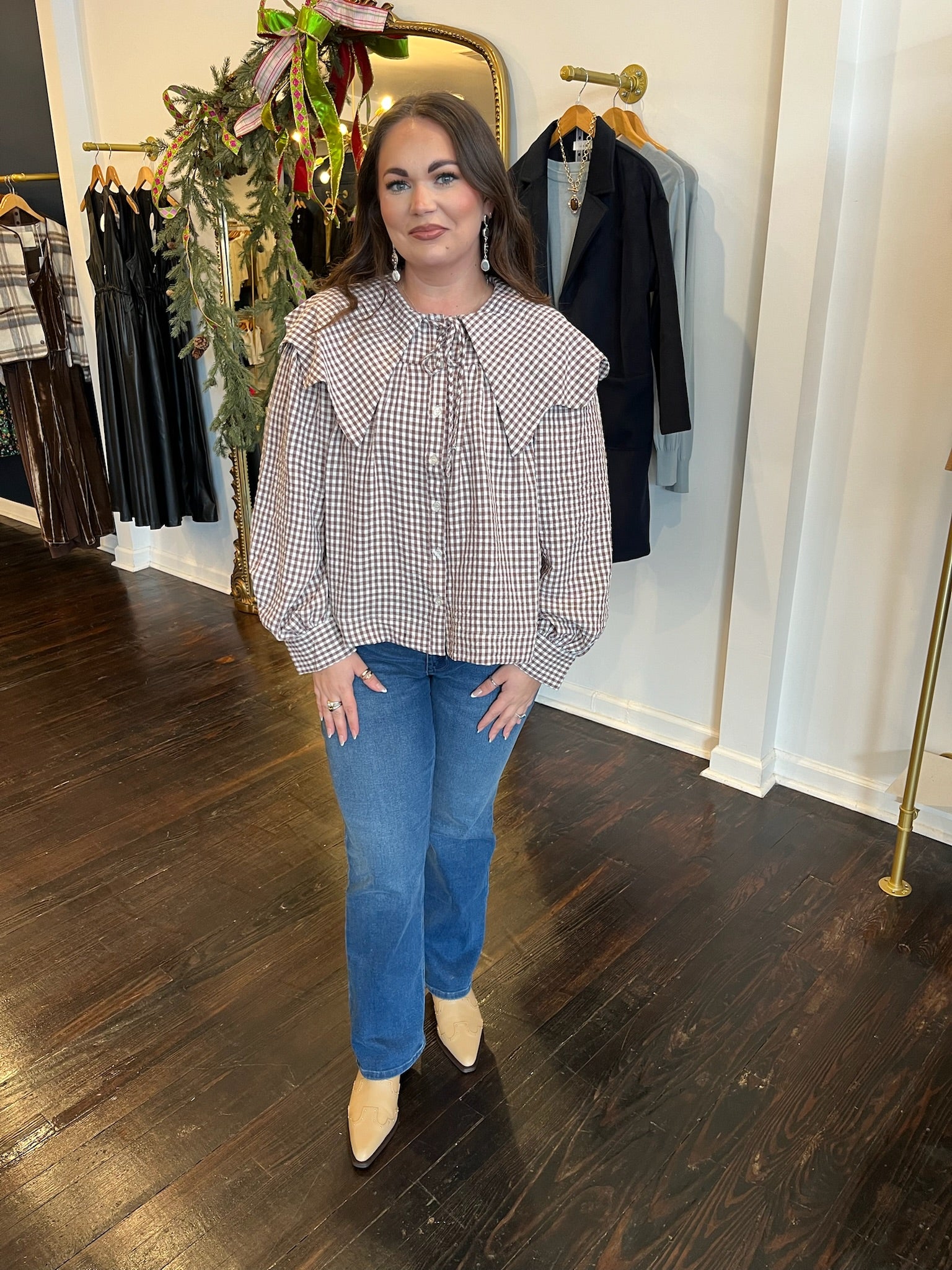 karlie gingham poplin peter pan collar top