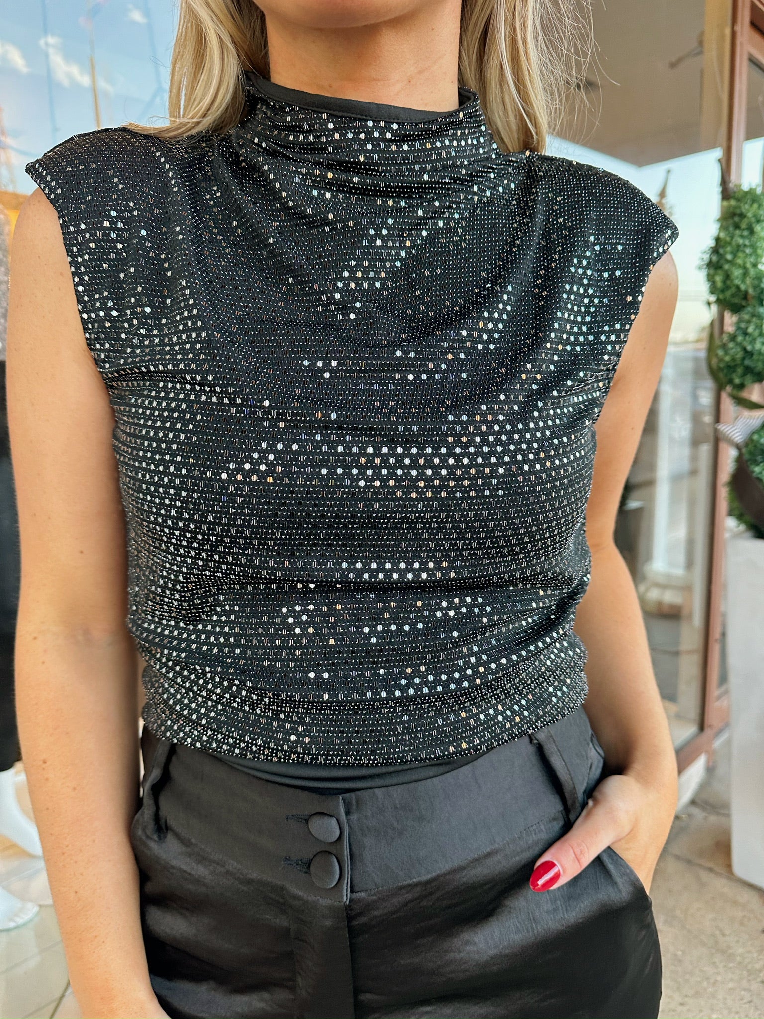 elan shoulder pad tank in black shimmer