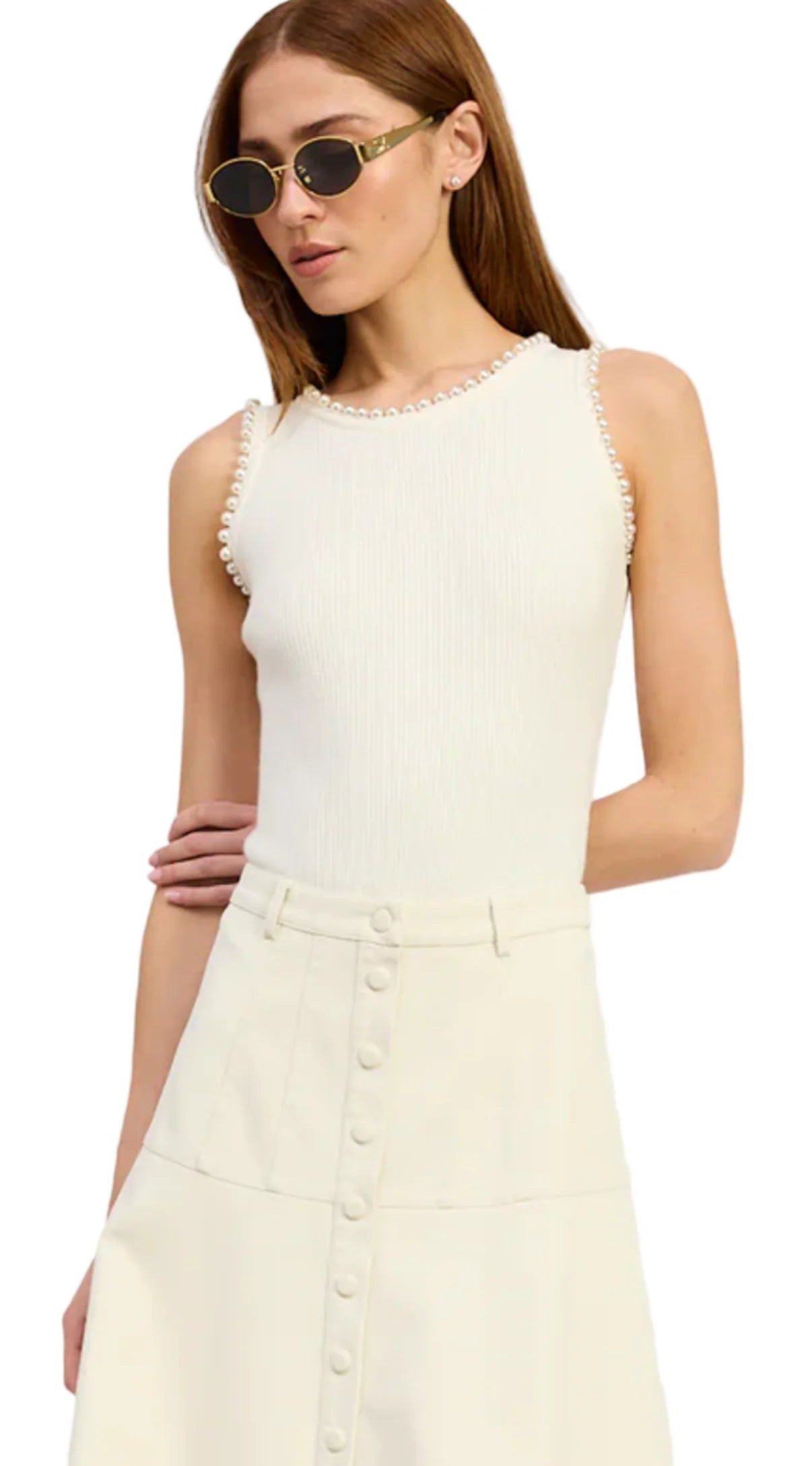 en saison pearl embellished rib bodysuit in ivory