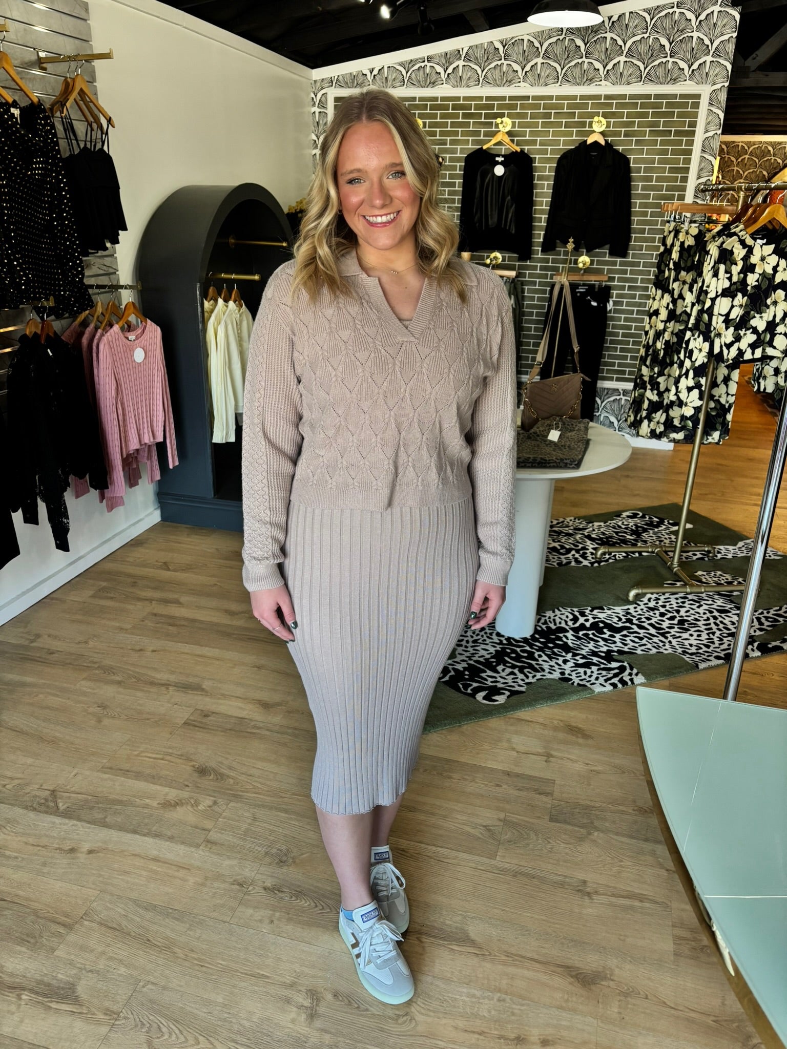 current air sweater midi dress in taupe