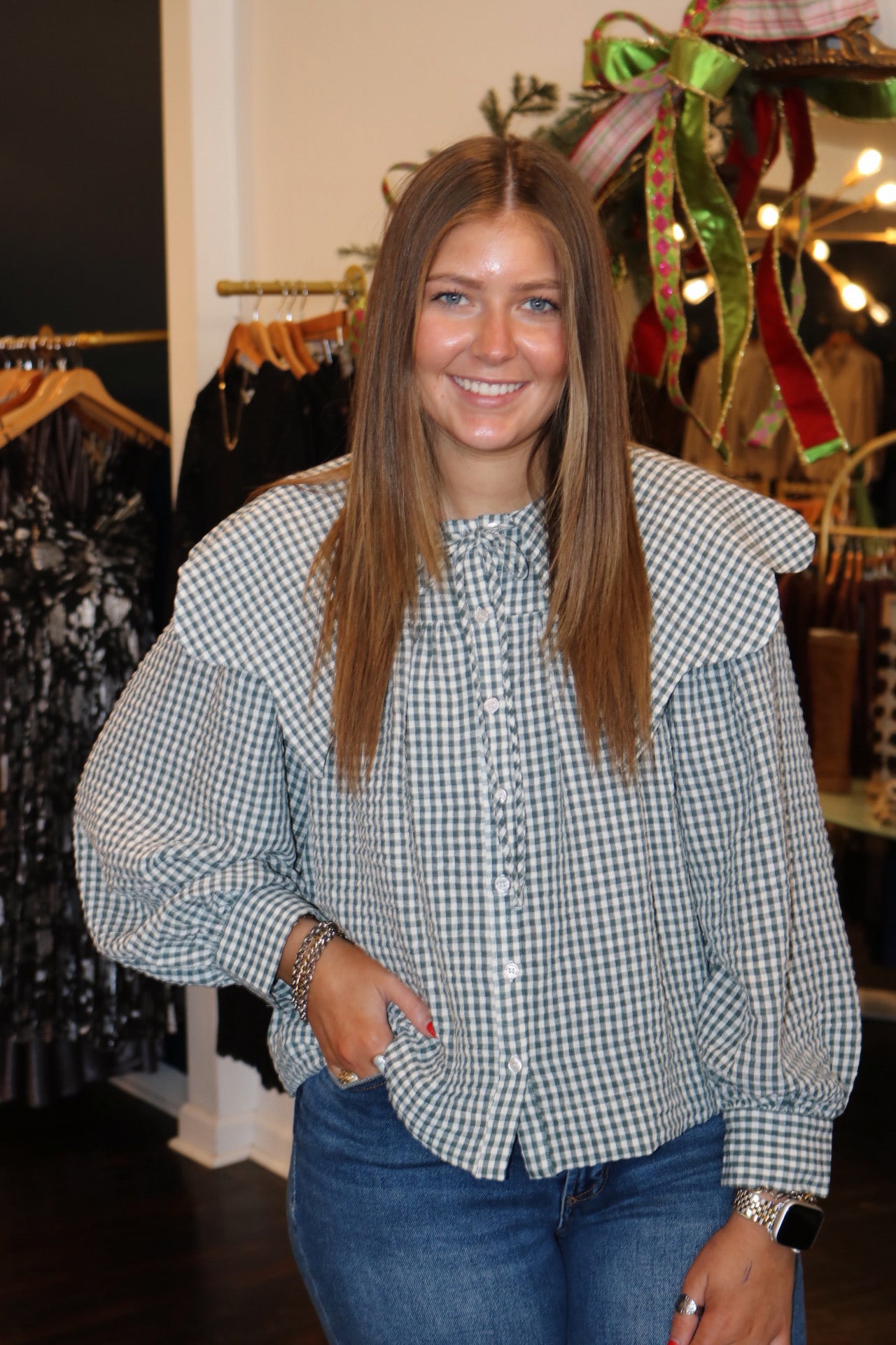 karlie gingham poplin peter pan collar top in olive