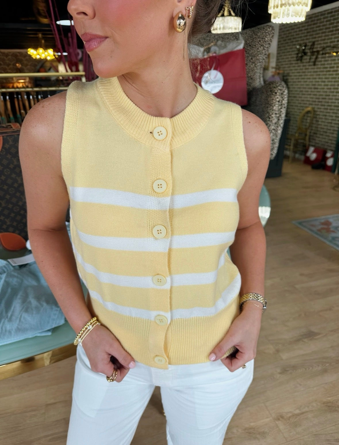 deluc mykonos knit vest in buecs butter with ecru stripes