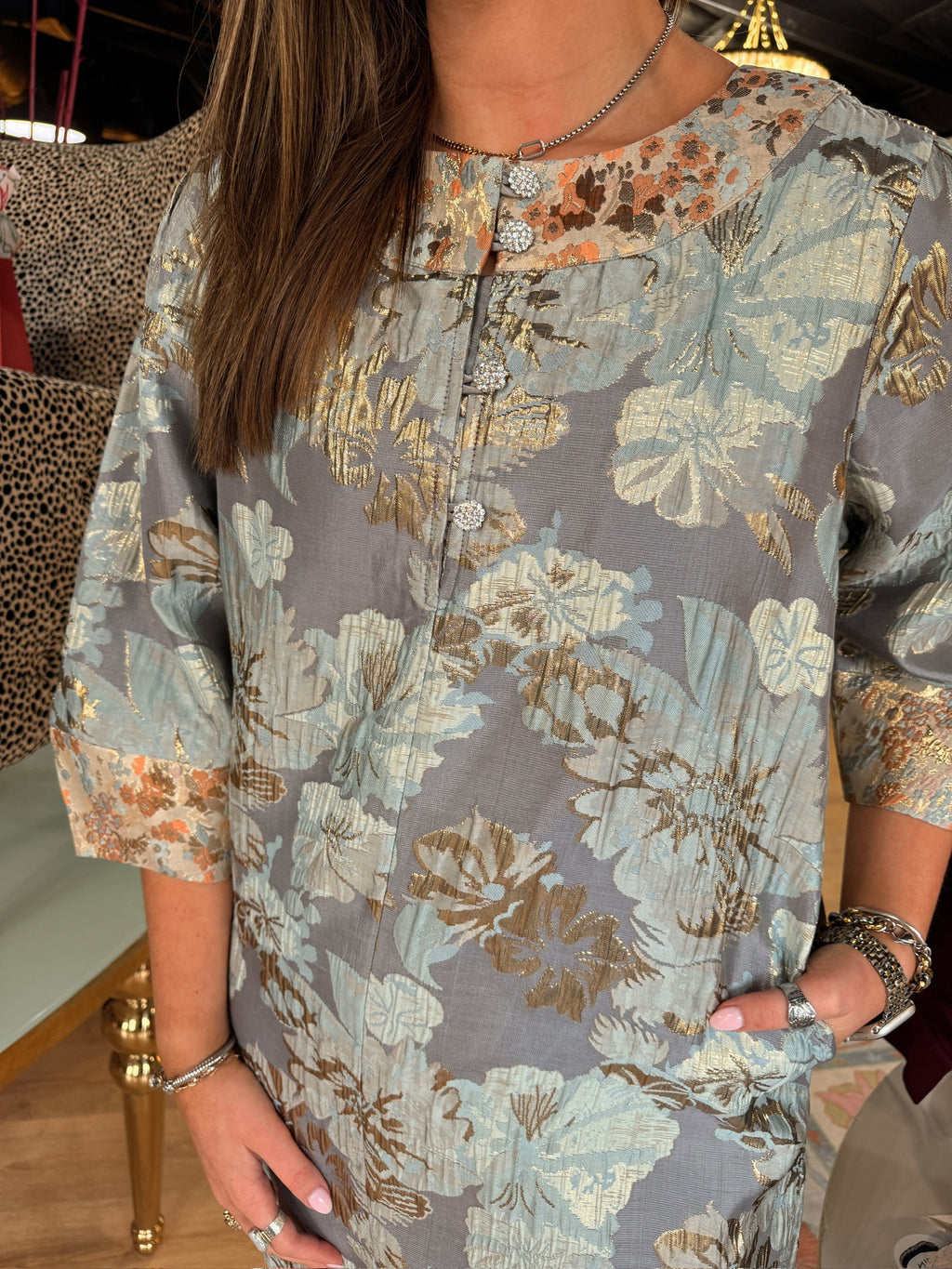 uncle frank jacquard button neck dress in smoke