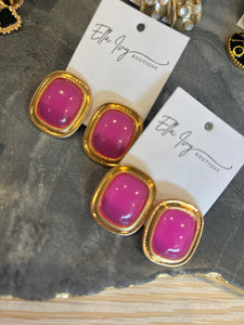 vintage square stone earrings in fuchsia and gold