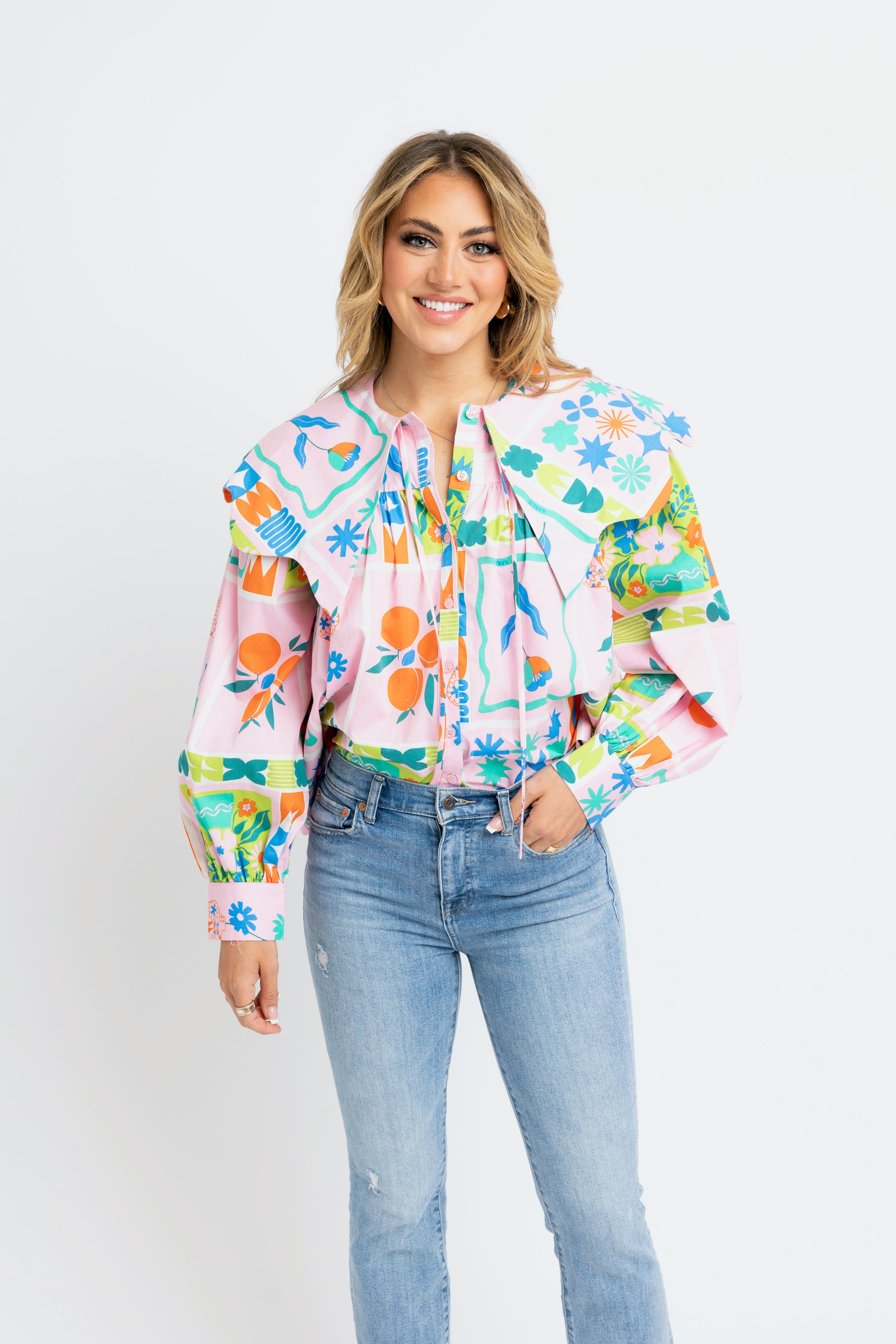 karlie floral frame collar top in pink