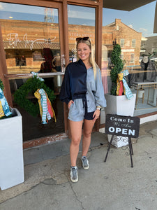 glam navy color block shorts in navy