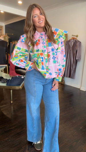 karlie floral frame collar top in pink
