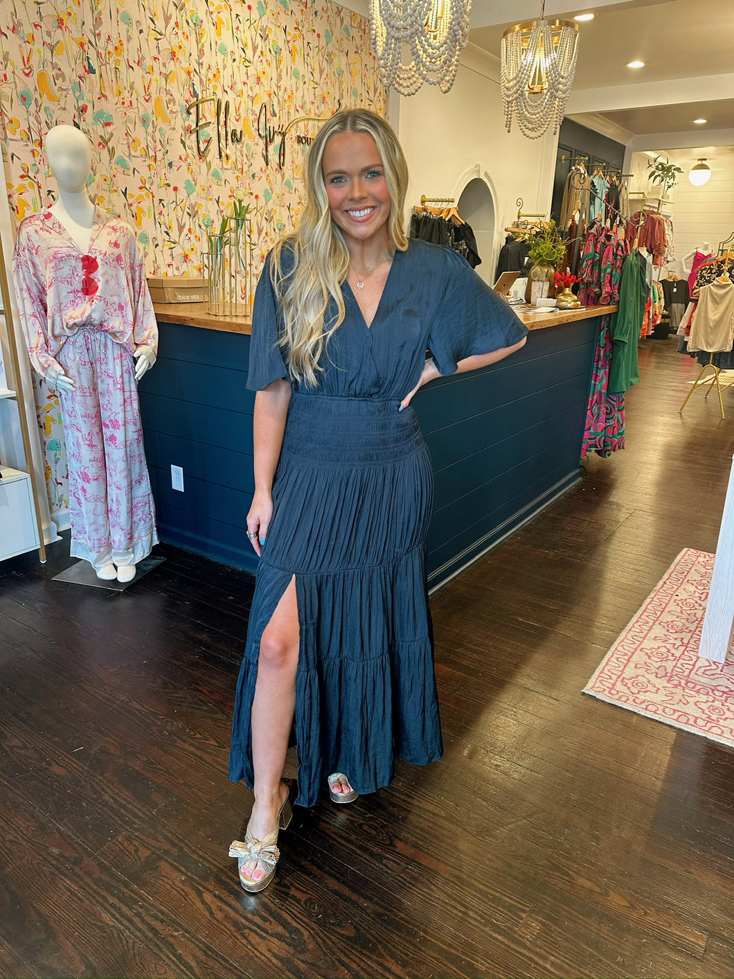 elan smocked maxi dress in navy