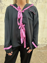 Load image into Gallery viewer, peach love solid satin tie front ruffle pajama set in black