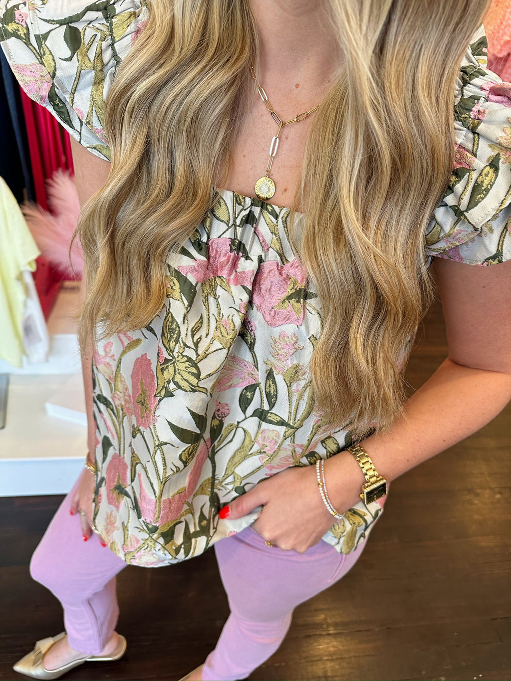thml flutter sleeve floral textured top in cream