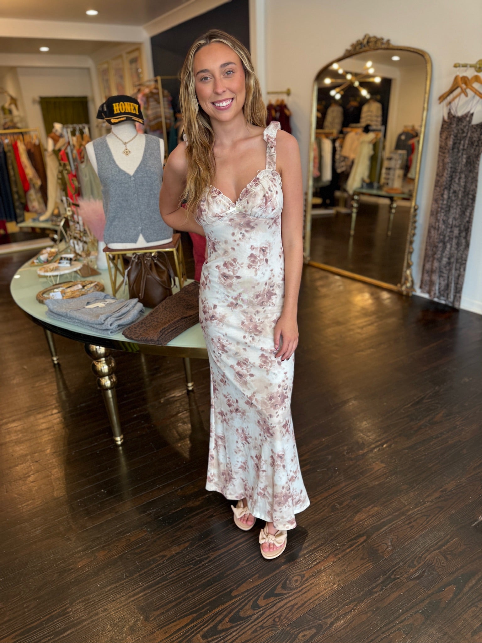 floral print mesh maxi in taupe
