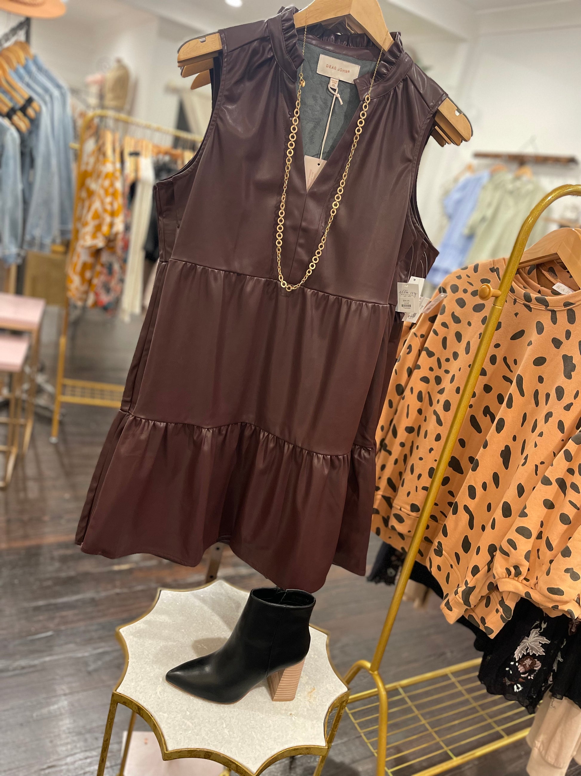 dear john helena sleeveless vegan leather dress in mahogany wood