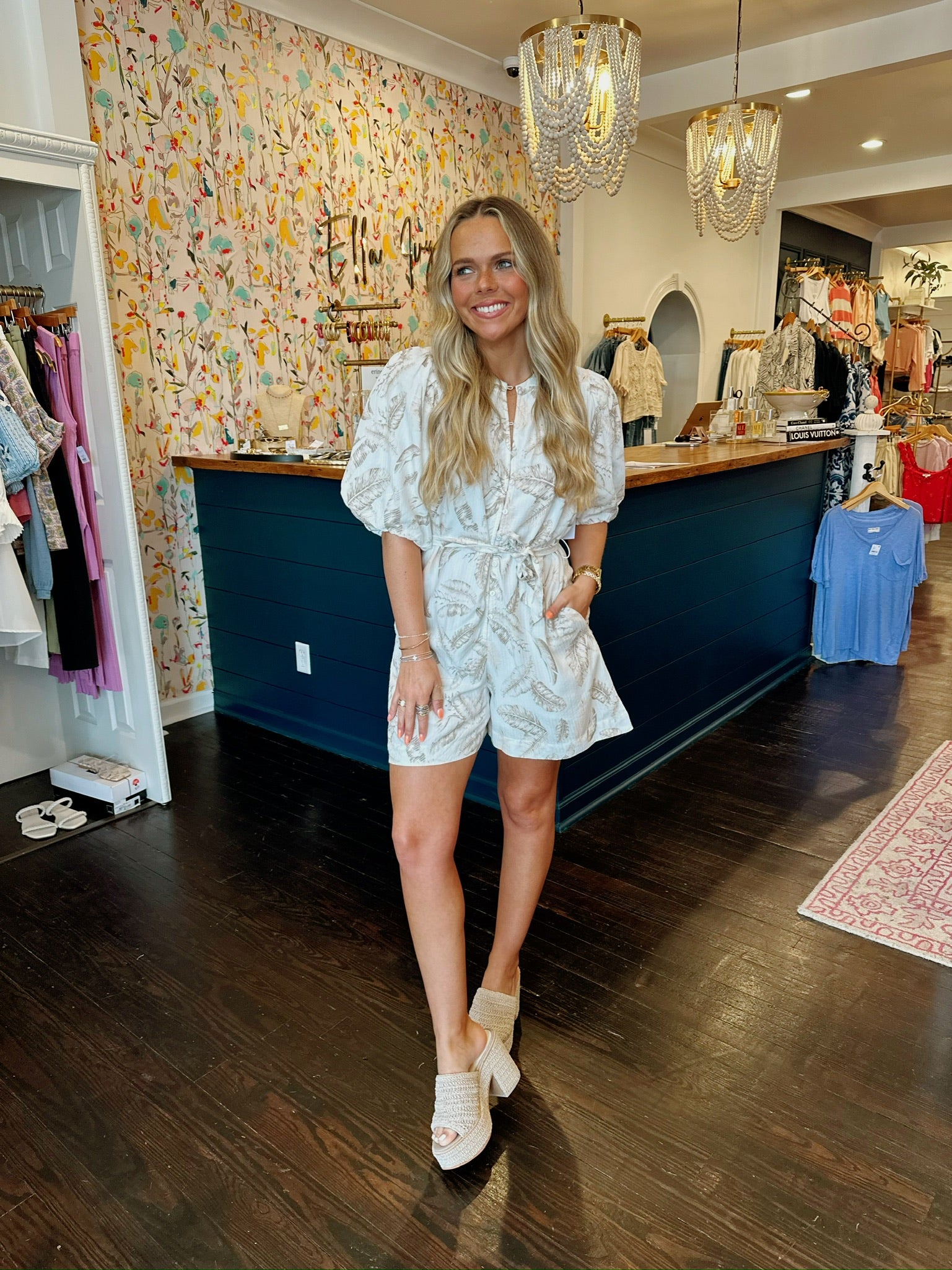 elan whisper romper in beige lima print