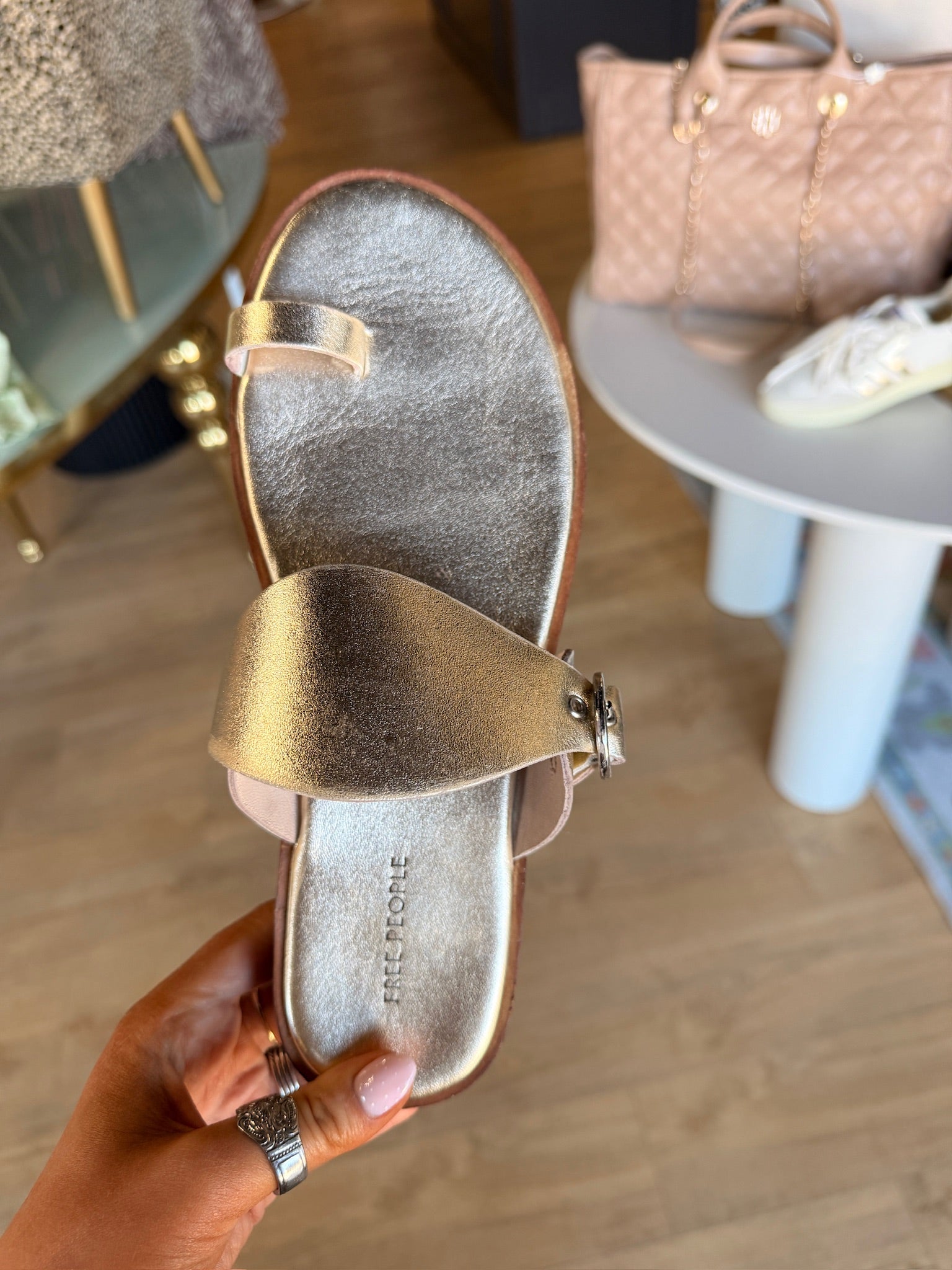 free people barcelona slip on sandal in gold metallic
