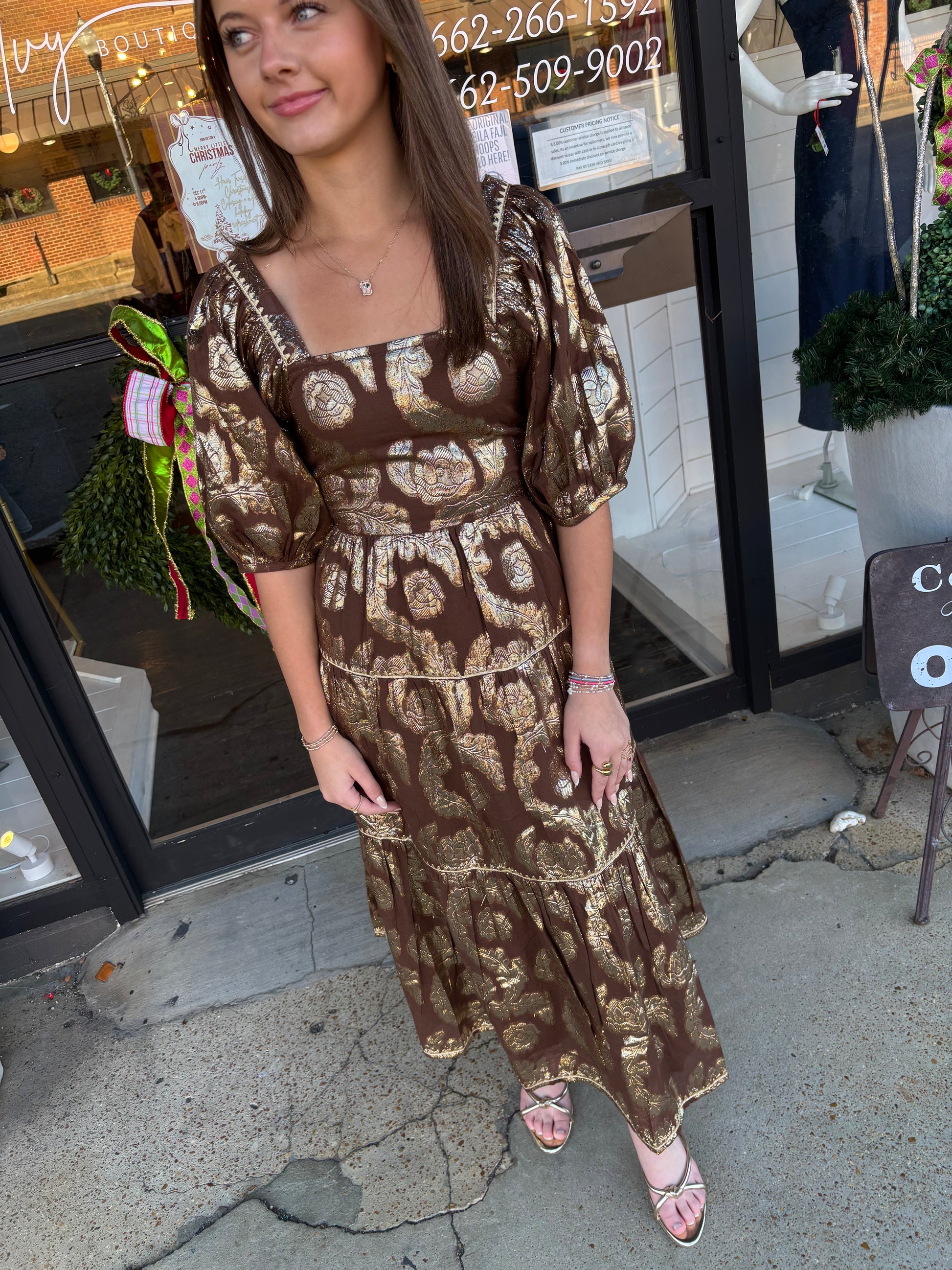 uncle frank metallic roses midi dress in brown