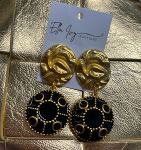 oval dome drop earrings in black & gold