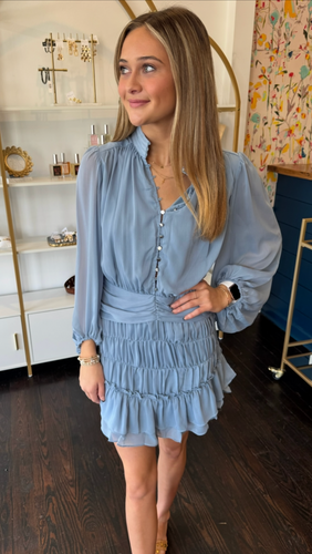 karlie solid chiffon button dress in blue