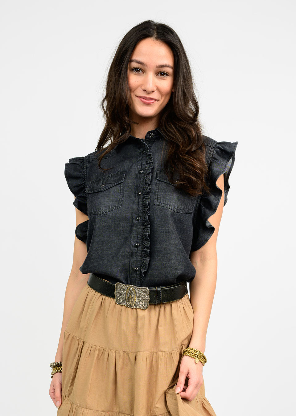 sister mary indi top in black chambray