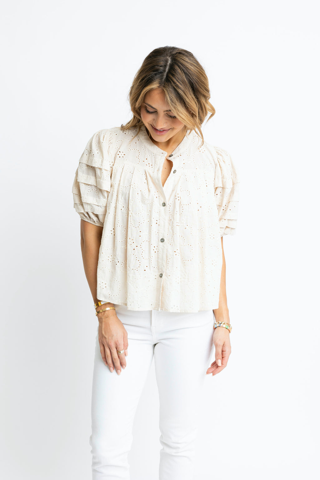 karlie eyelet puff sleeve top in nautral