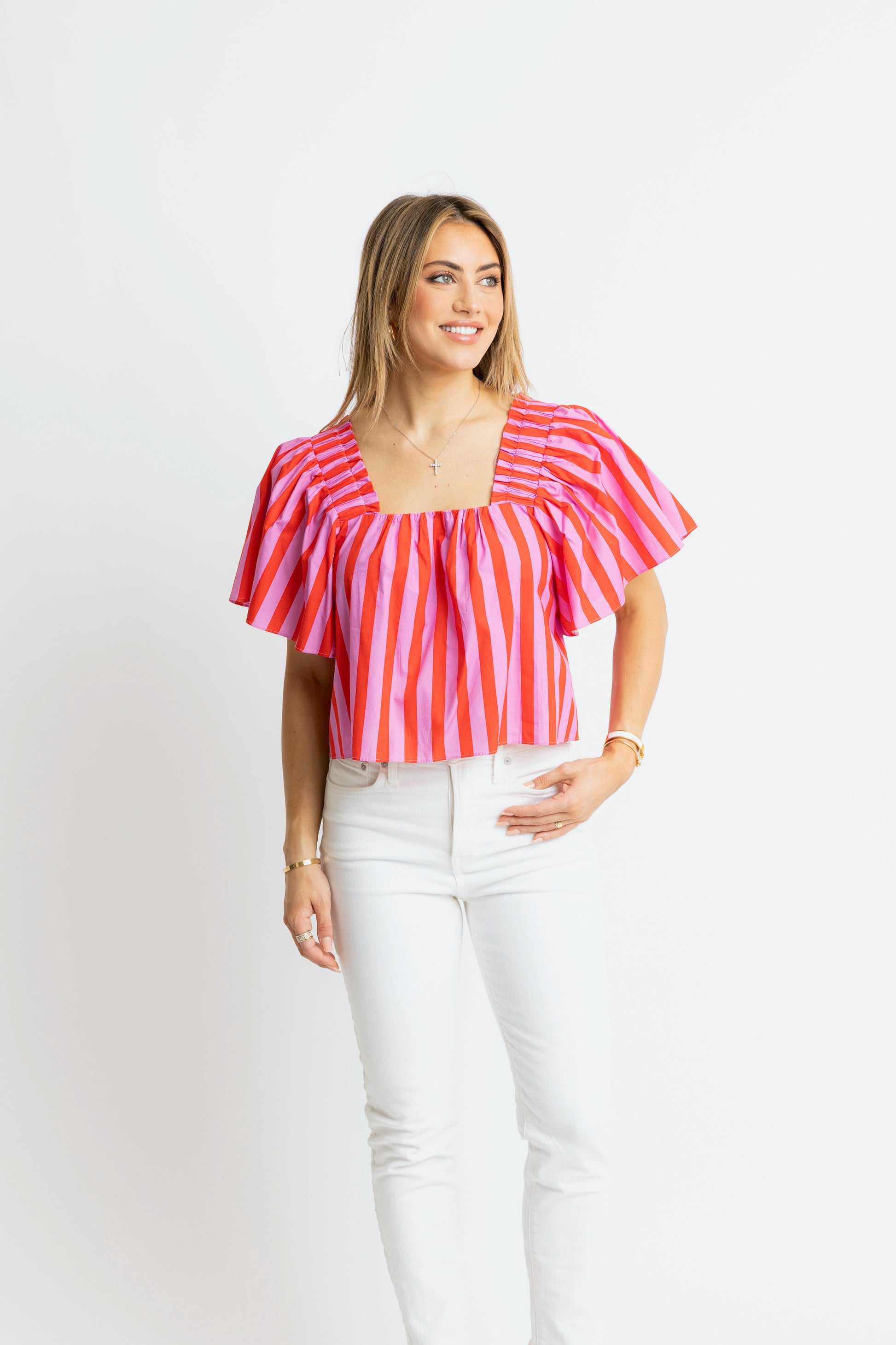 karlie square neck poplin top in red stripe