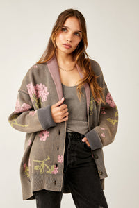 free people chamomile pattern cardi in pink and gray combo
