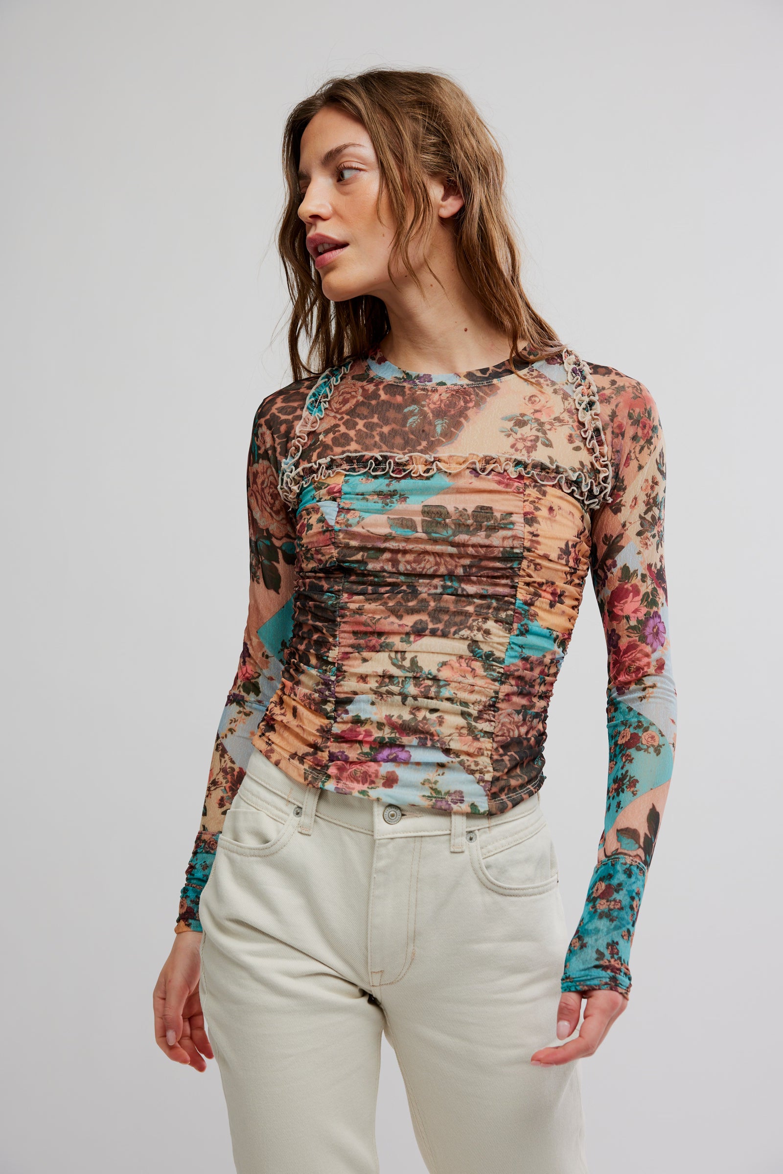 free people ariana long sleeve rouched top  in taupe combo