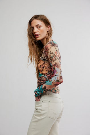 free people ariana long sleeve rouched top  in taupe combo