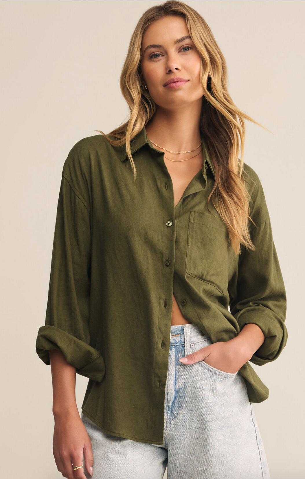 z supply alfie button up shirt in fern