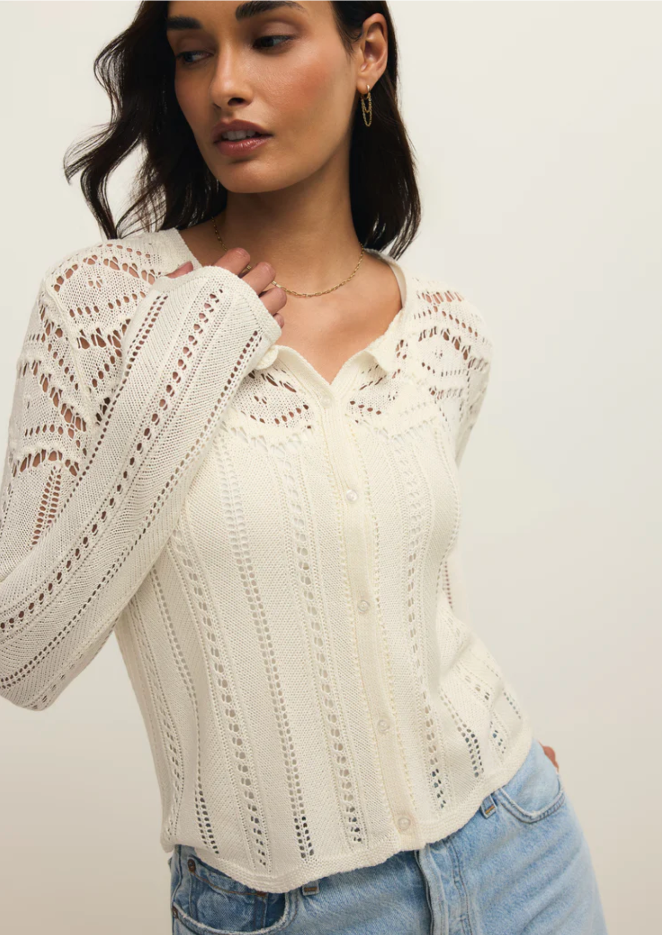 z supply alycia crochet sweater in cloud