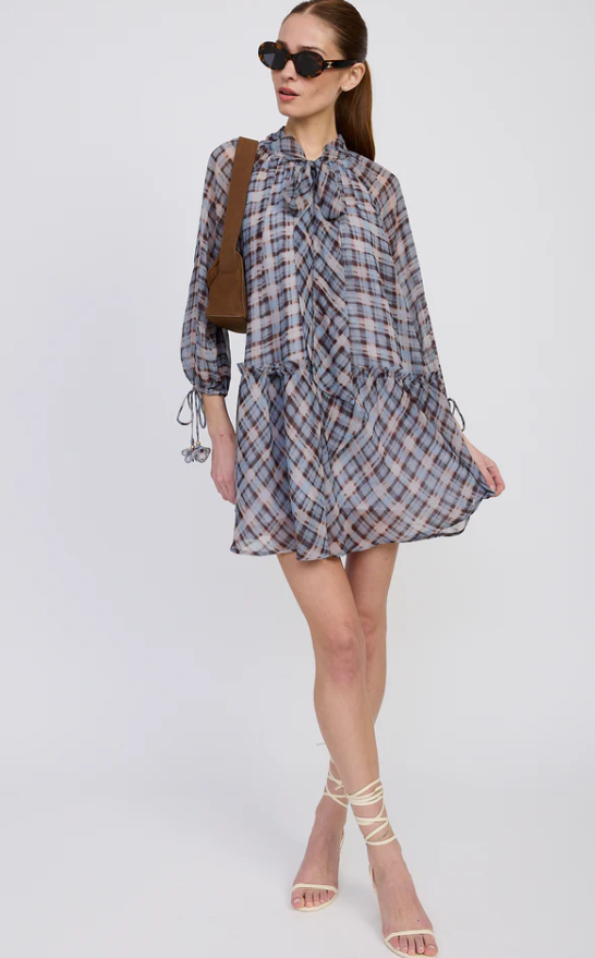 en saison briar mini dress in dusty blue plaid