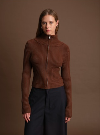deluc matt zip up cardigan in chocolate