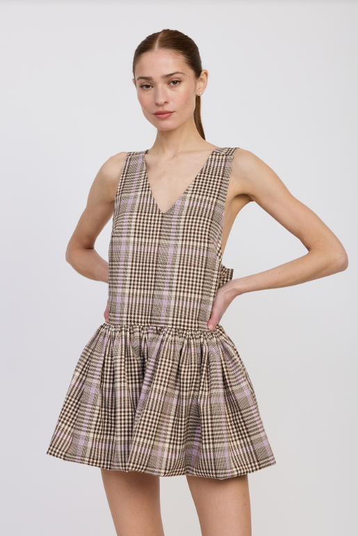 en saison charleigh mini dress in taupe and lavender plaid
