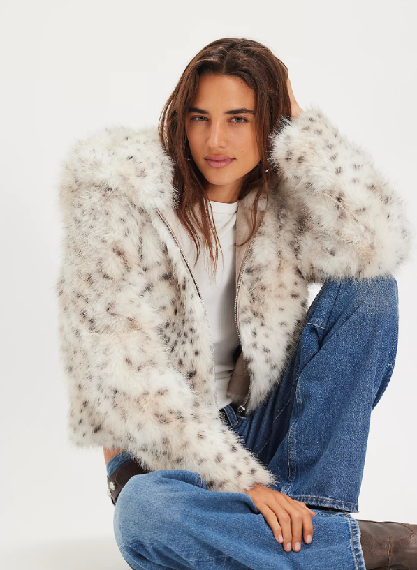 free people louder hooded faux fur jacket in snow leopard