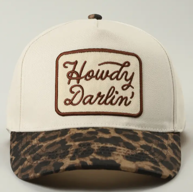 howdy darlin' trucker hat in leopard