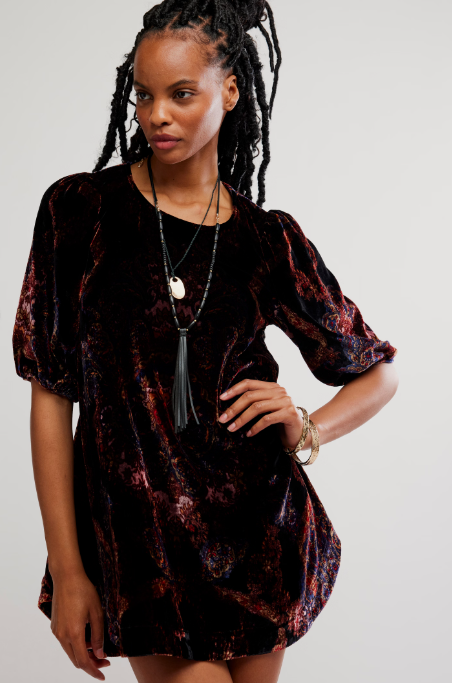free people maye printed velvet tunic in dark black combo