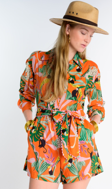 ivy jane tropical shirt style romper in orange
