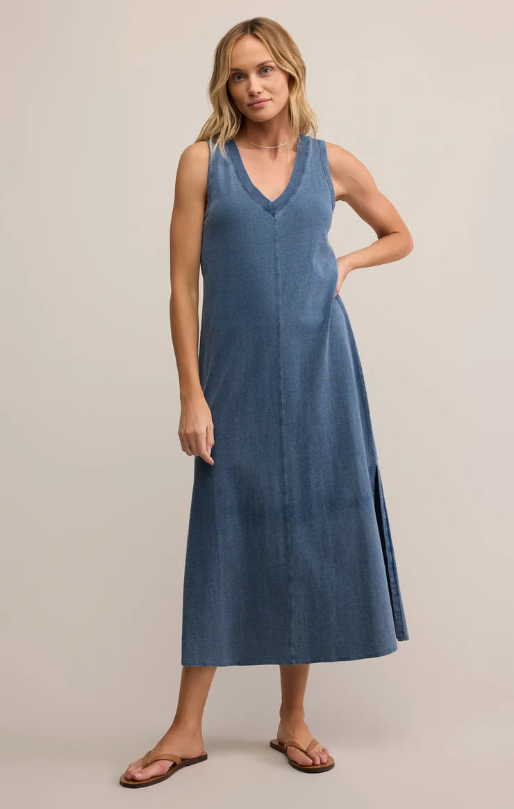z supply palisades jersey denim dress in vintage indigo