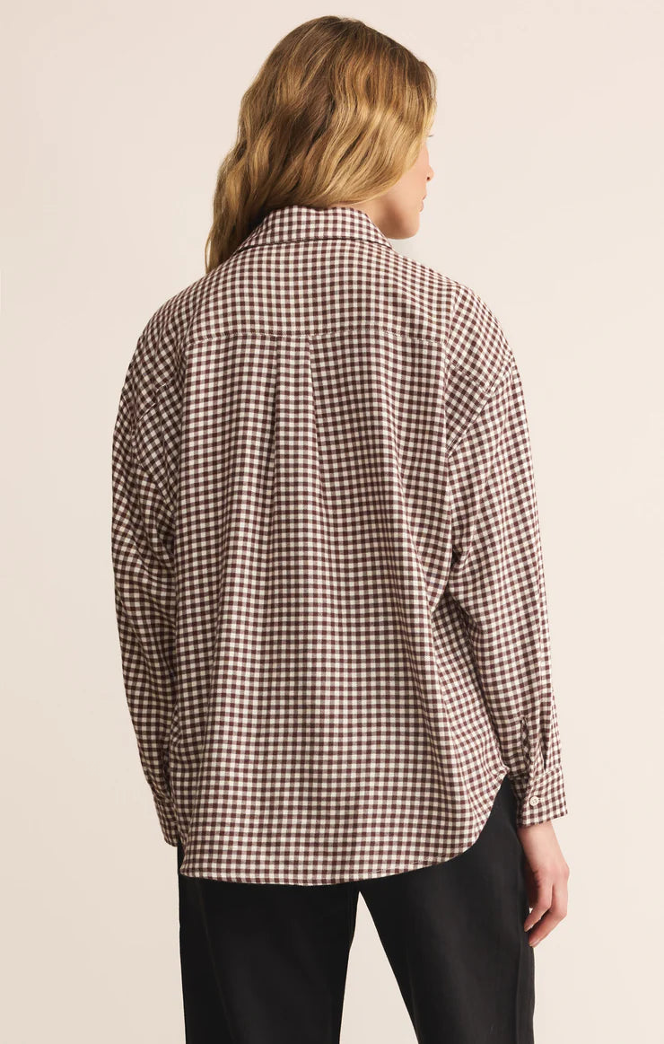 z supply river plaid button up in chocolate cherry