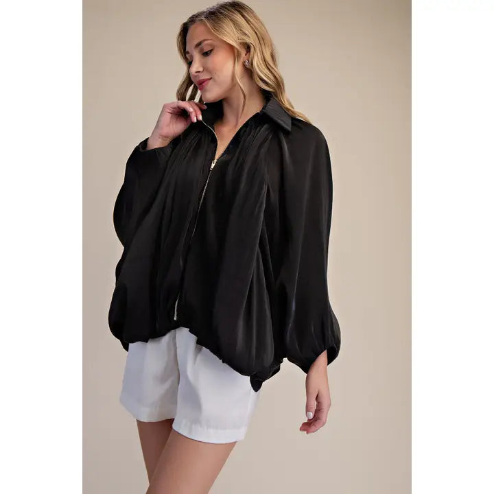 glam gathered hem puffed bomber jacket in soft fluid fabric in black