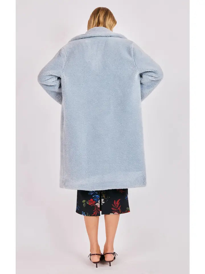 sadie&sage marquee lights faux shearling jacket in sky blue