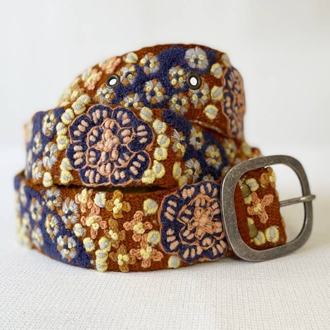 jenny kraus floral embroidered wool belt in blue skies