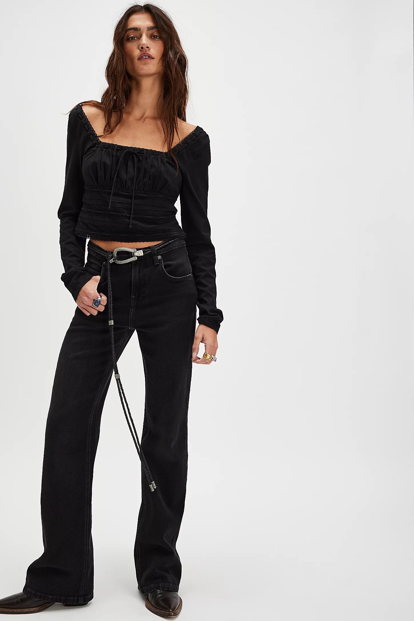 free people scarlet smocked long sleeve in black