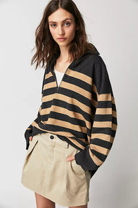 free people coastal stripe pullover in carbon camel combo