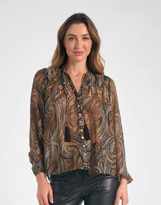 elan brown paisley long-sleeved blouse