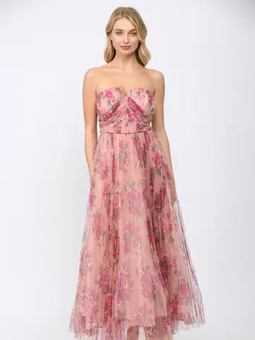 fate floral print mesh pleated maxi dress in blush pink