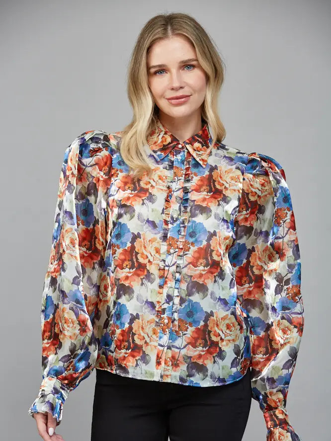 fate floral print ruffle detail placket button blouse in pale green multi