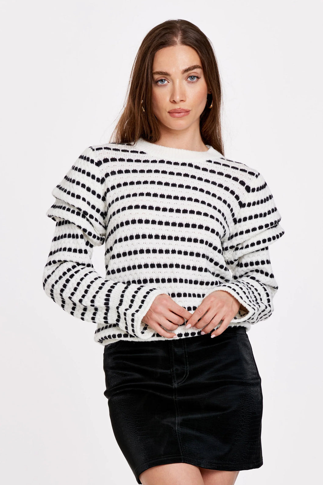 haisley double petal sweater in black and white combo